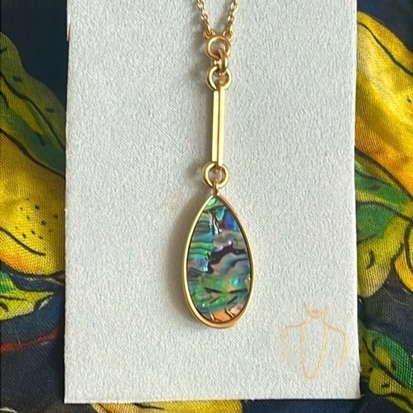 Brand New Lucky Brand Abalone Teardrop Pendant Long Necklace Gold Tone Vintage - Picture 3 of 14
